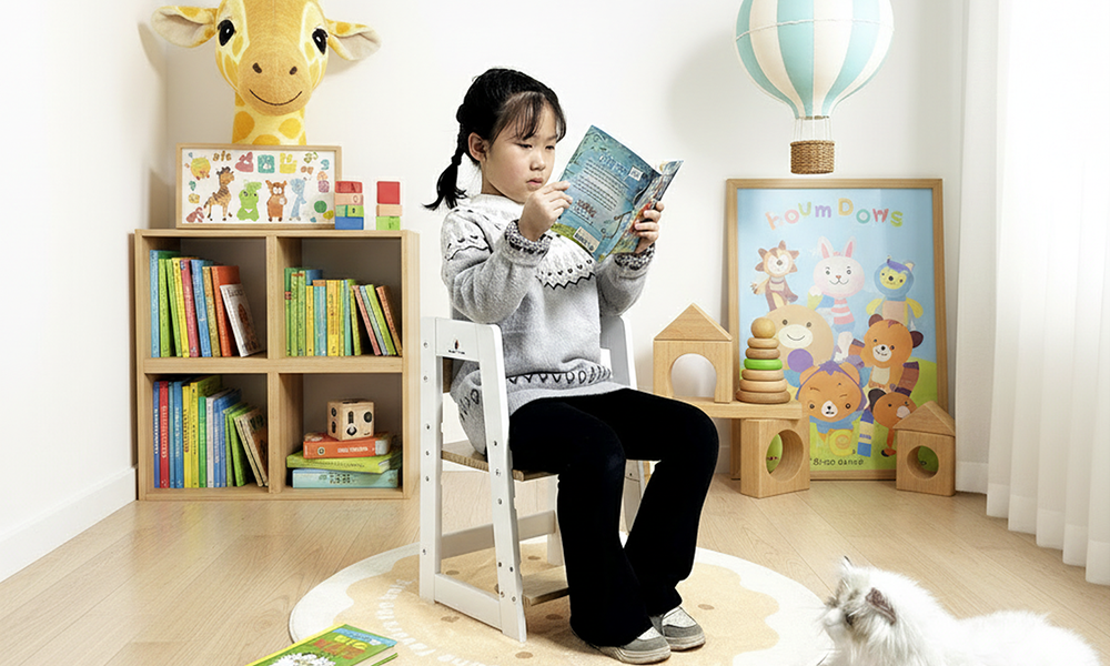 Kid sitting on a wooden adjustable toddler chair reading a book comfortably at home