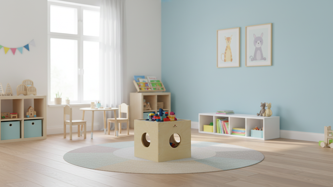 Damoch Family Wisdom Play Cube Montessori activity table with building blocks, toy storage, and standing support for toddlers made from natural wood