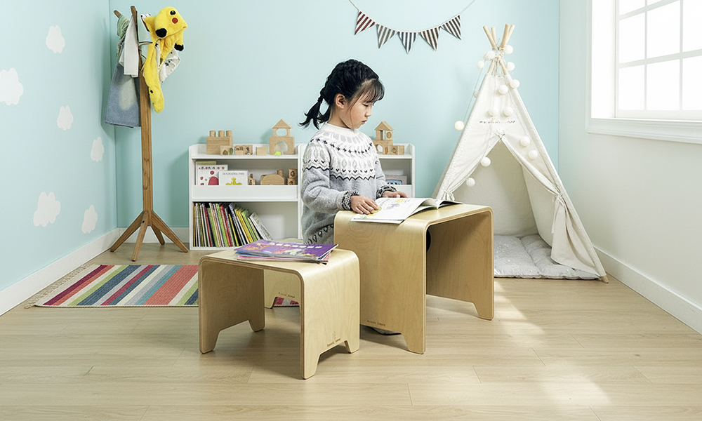 3-in-1 bentwood kids stool set used as seating, table and step stool in preschool classroom