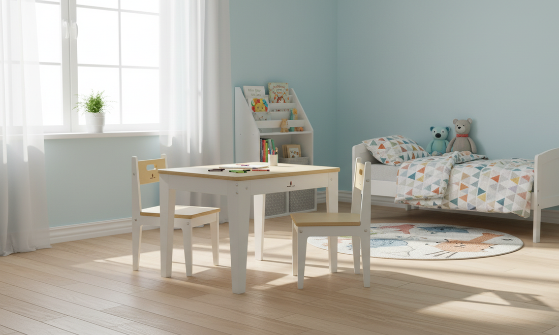 Damoch Family solid wood kids table and chairs set with non-toxic finish for classrooms and homes