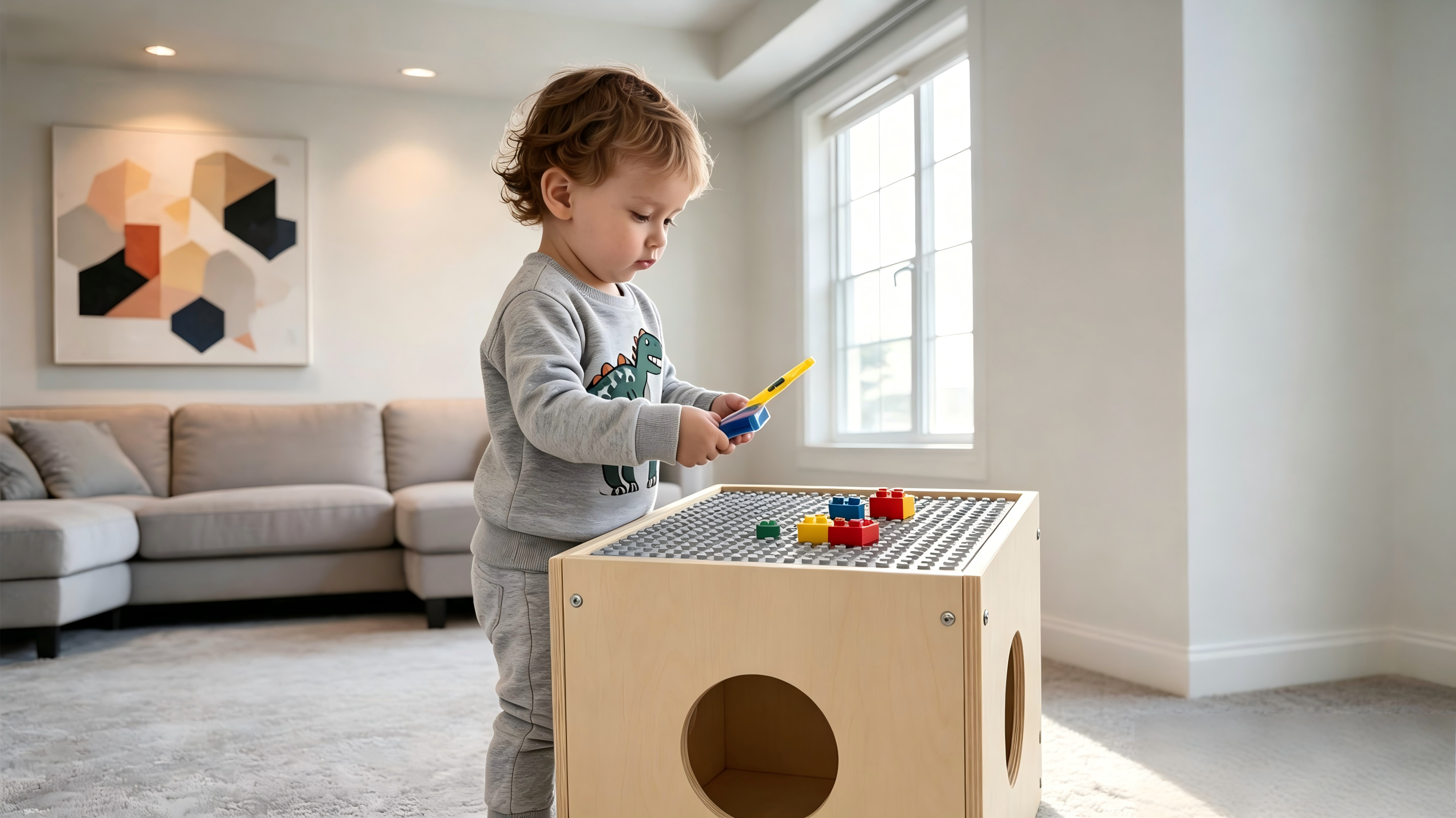 Damoch Family Montessori Play Cube – 3-in-1 wooden activity table, toy storage, and pet retreat for toddlers