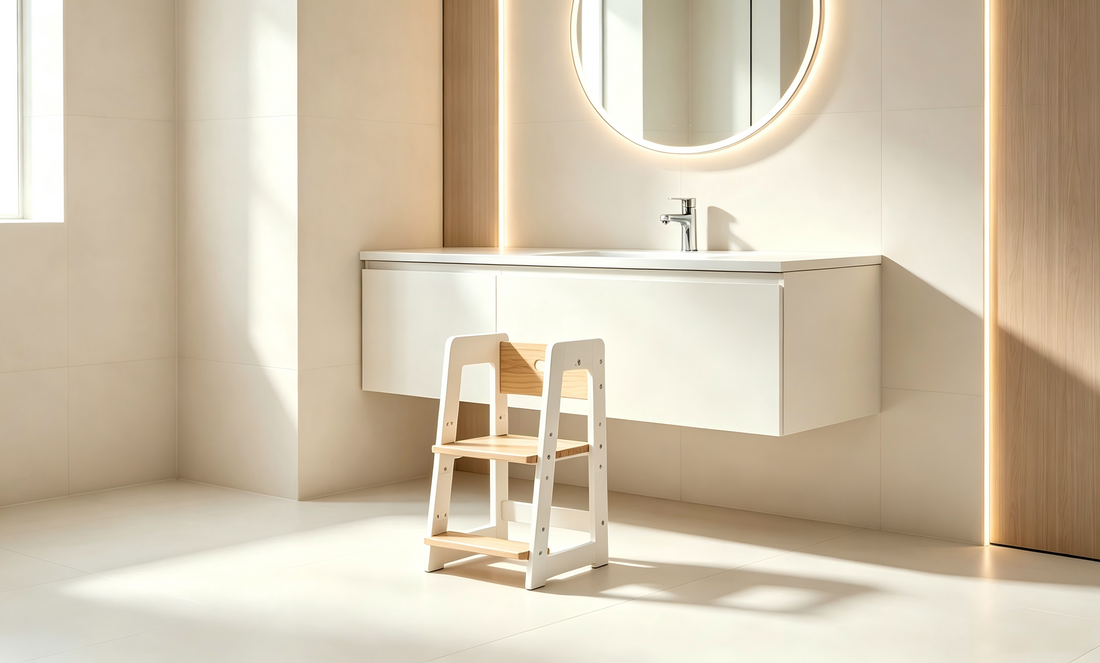 Wooden adjustable toddler step stool and counter helper displayed in a clean, bright modern bathroom interior.