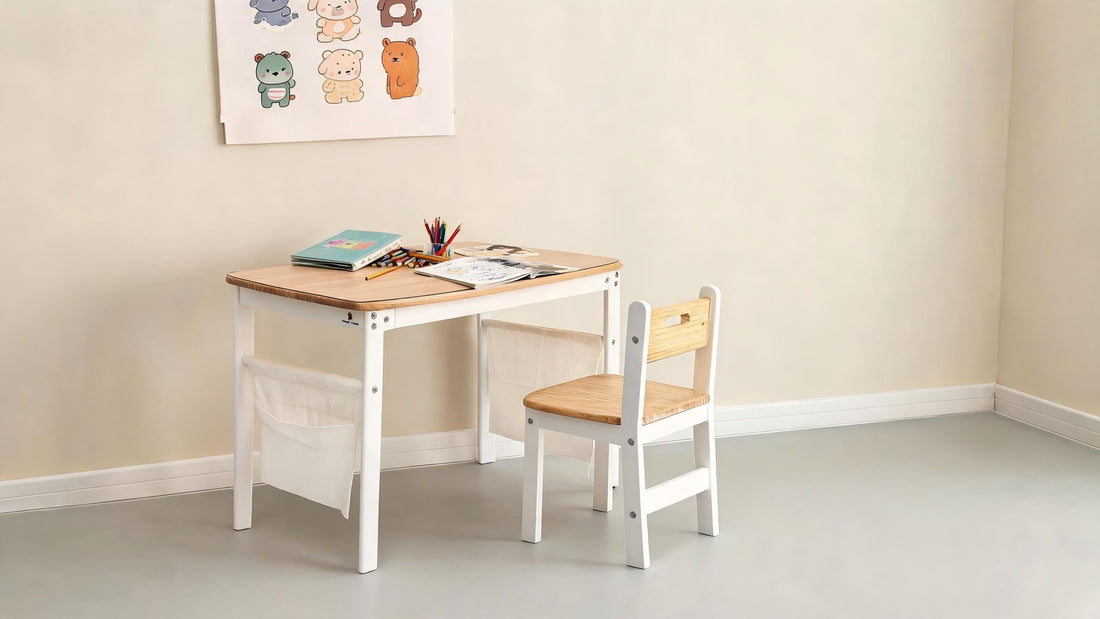Ergonomic kids desk with storage bags in a small bedroom learning nook.