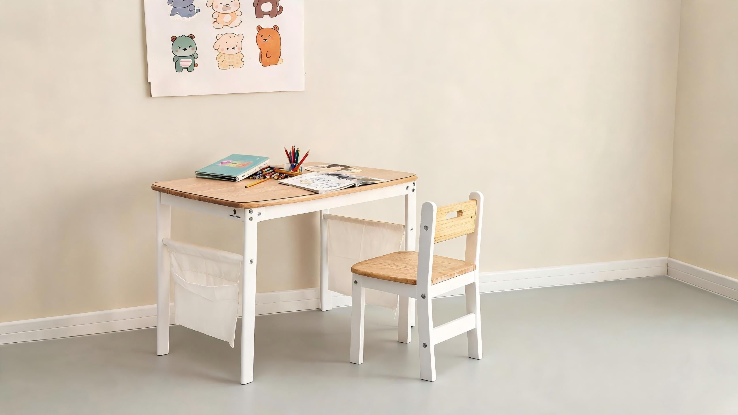 Ergonomic kids desk with storage bags in a small bedroom learning nook.