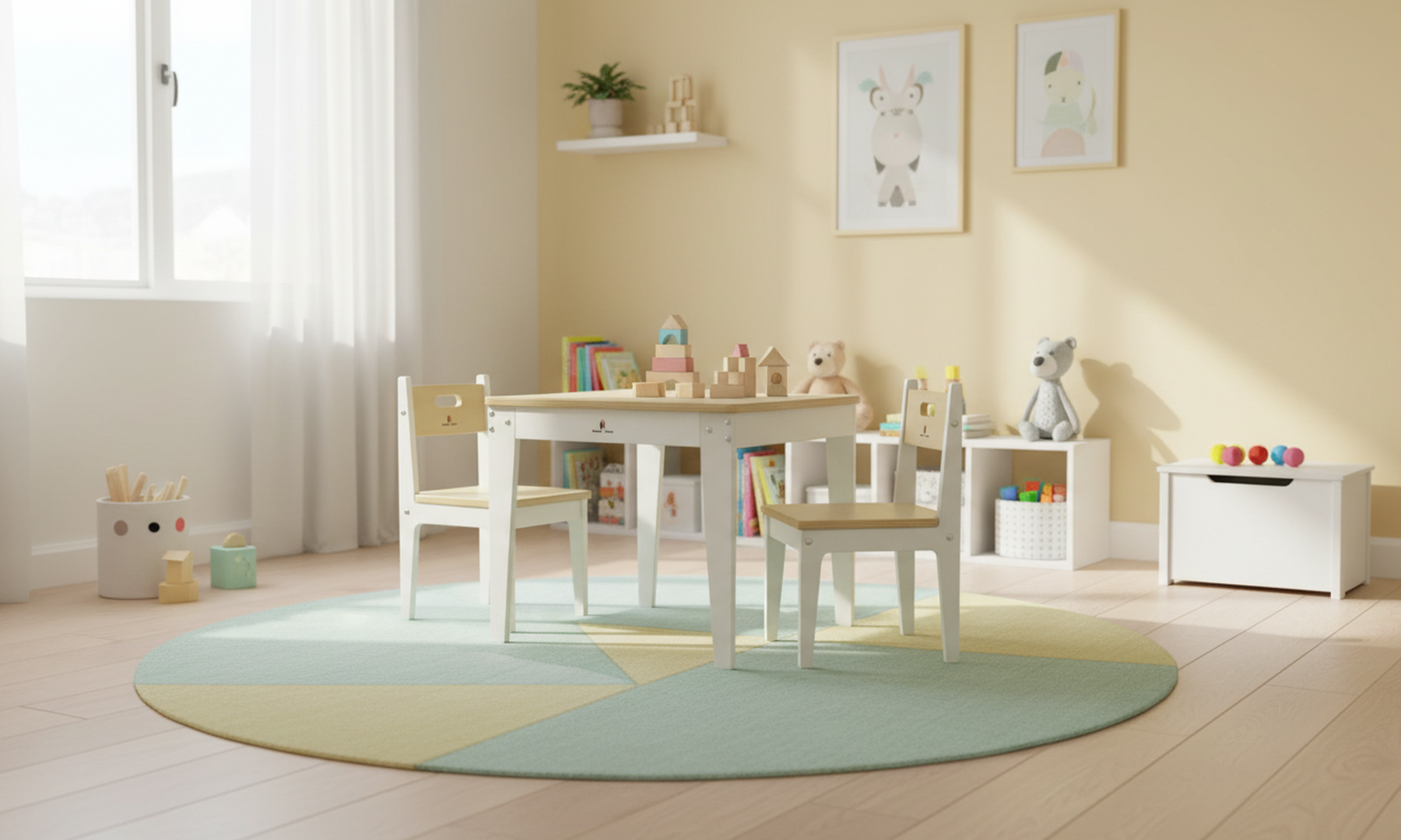 Damoch Family wooden kids table and chairs set in a bright and neat kids room