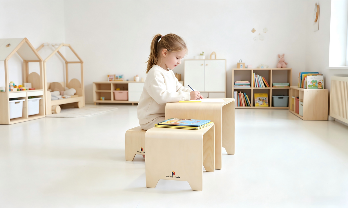 Damoch 3-in-1 bentwood kids stool set shown as weaning table, toddler art station, and preschool table with chairs