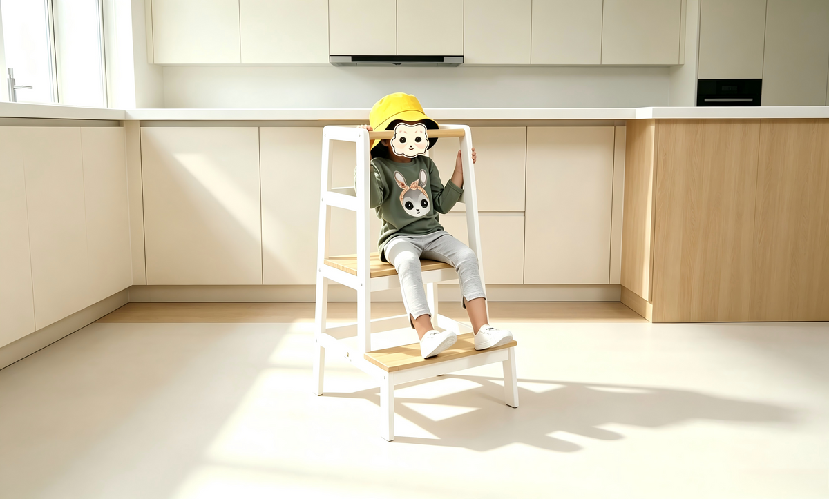 Toddler sitting on a white and wood step stool in a bright kitchen, reaching counter height safely.
