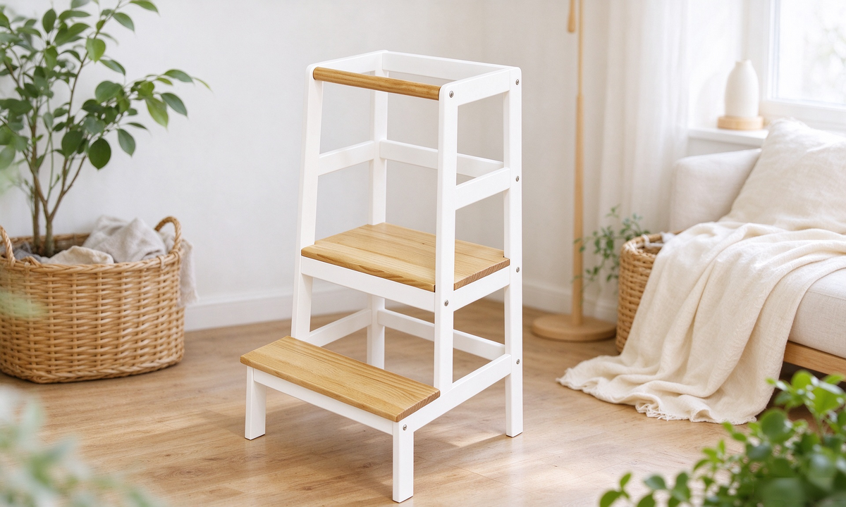 MOORE Toddler Tower made of Grade A New Zealand Pine with non-toxic finish, standing in a modern nursery setting.