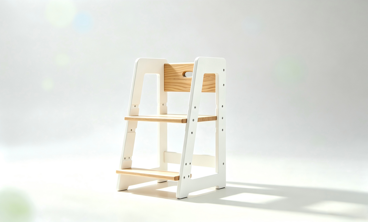 Damoch Family toddler kitchen helper tower with adjustable step height and trapezoid base, converting to a chair for snacks.