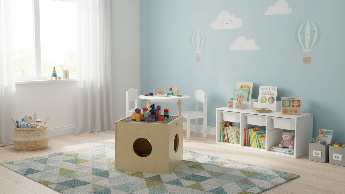 Multifunctional play cube for kids: activity table for building blocks, reading, eating, and toy storage.