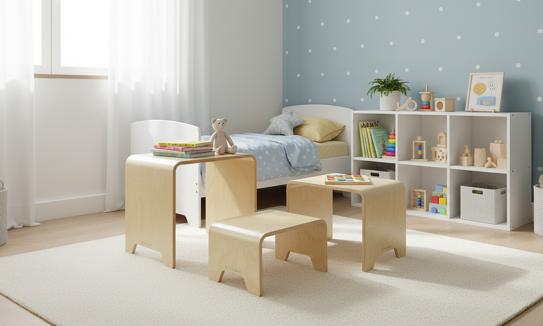 Multi-functional Damoch 3-in-1 stool set in a tidy, sunlit nursery, blending modern wood design with a cheerful kids' space.
