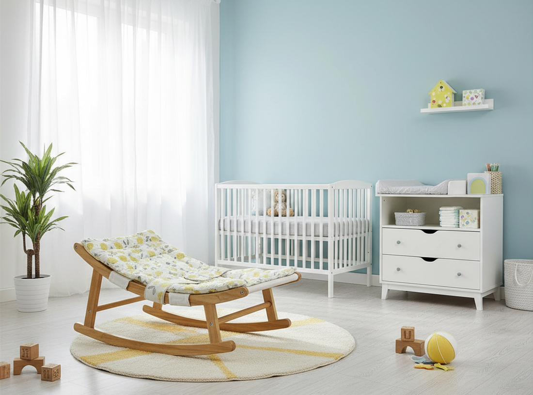 Non electric rocker with breathable cotton seat and curved wooden base for gentle baby soothing.