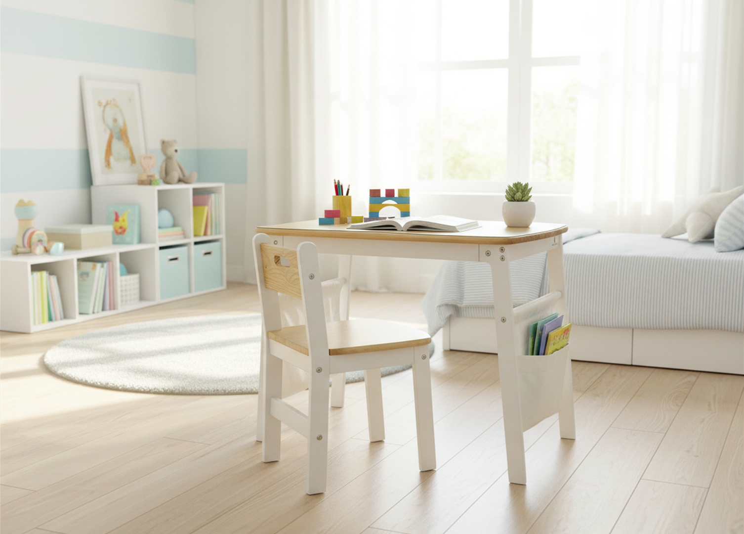 Give your little learner a sturdy, long-lasting space to thrive. This Montessori-inspired wooden desk set grows with your child from crayons to homework.