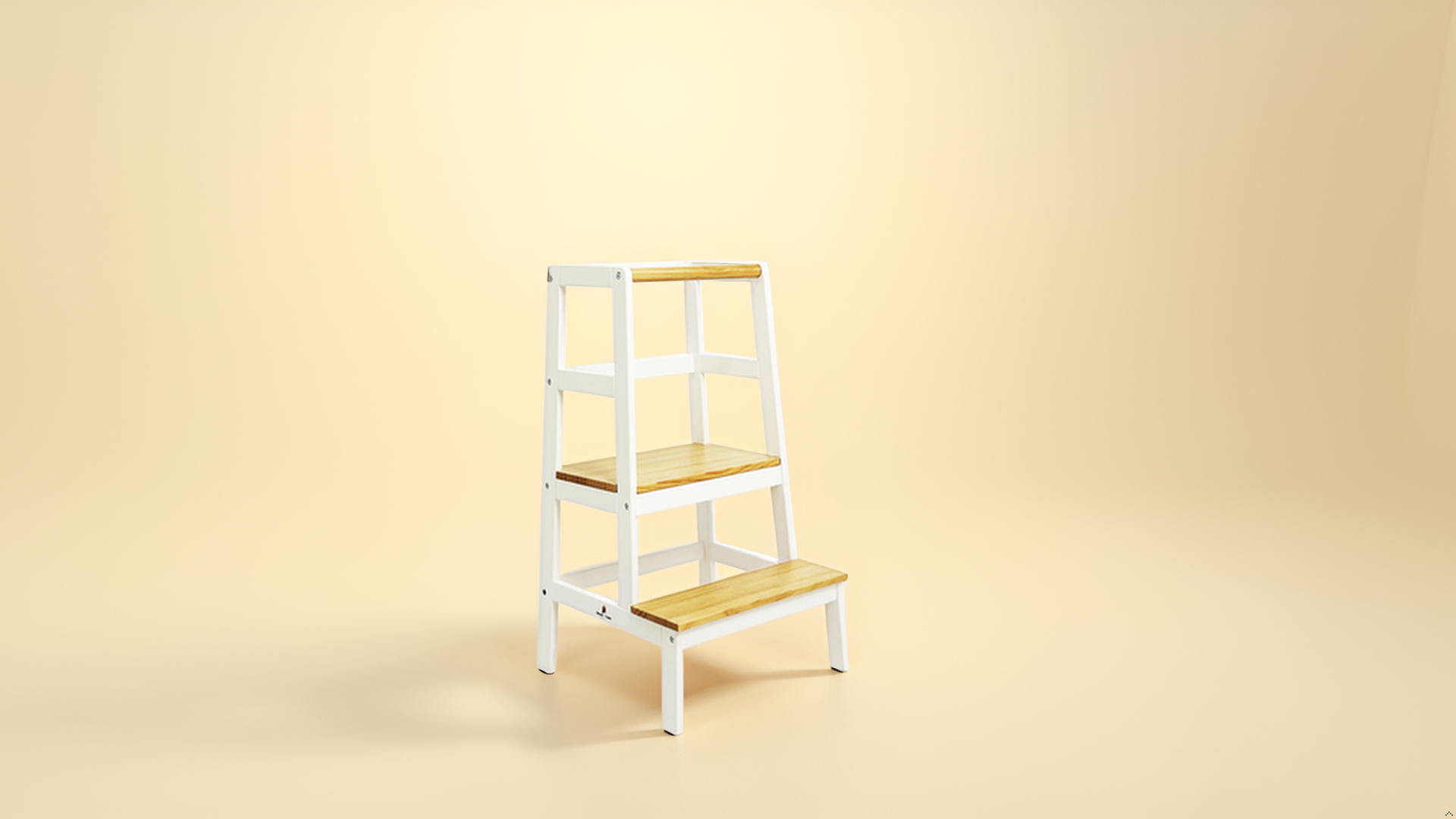 Toddler can stand at kitchen counter in wooden Montessori tower, and safely help parent cook with wide base and guardrails