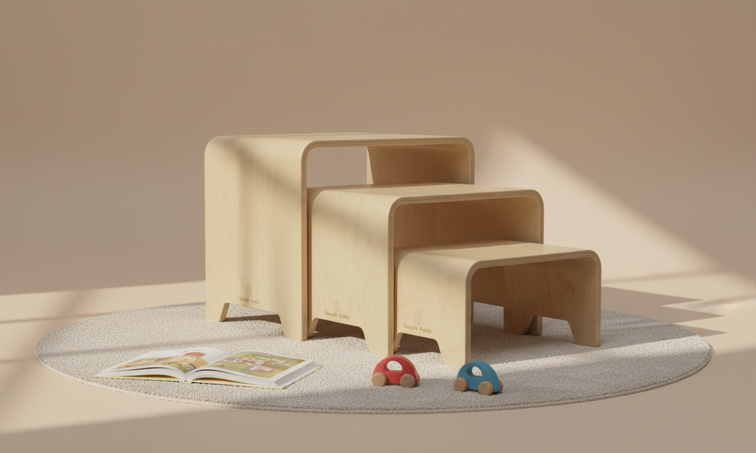 Stackable set of three natural wood kids stools for versatile use and storage