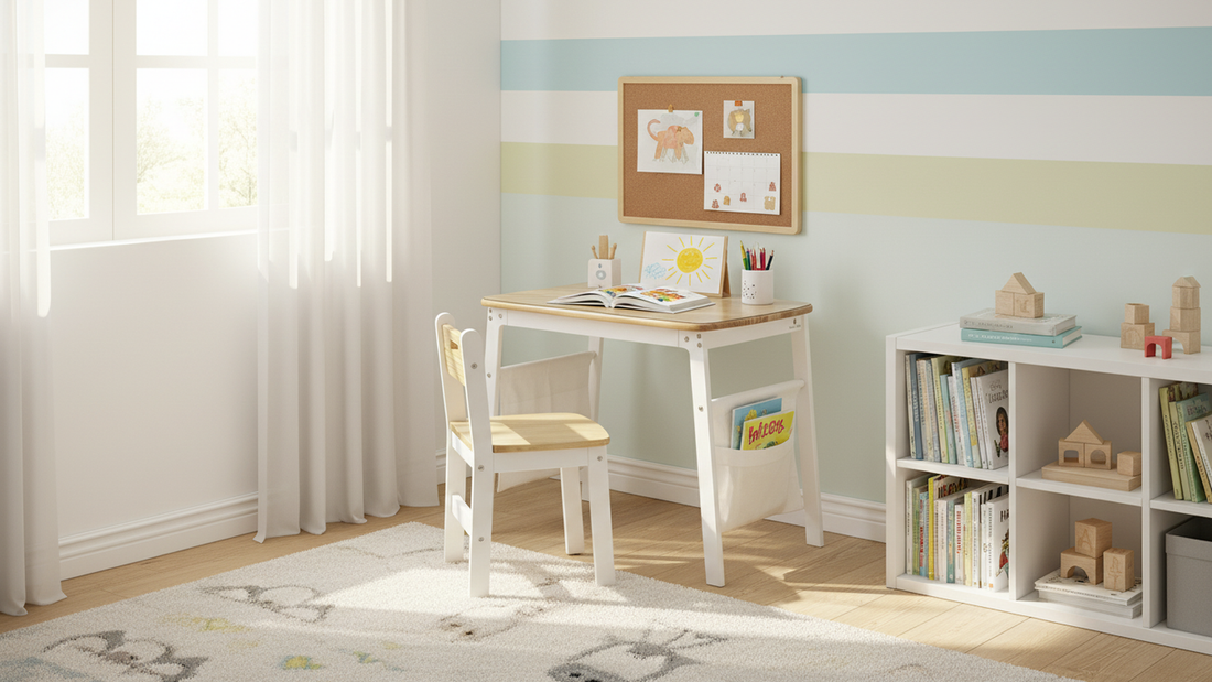 A wooden activity table with detachable storage bags and a PVC table mat in a clean kids room.