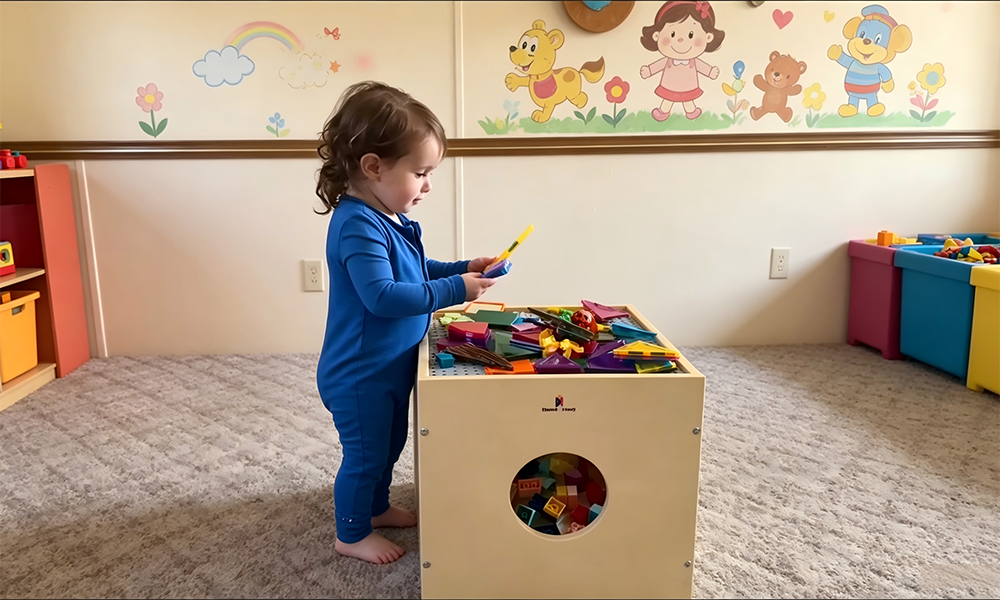 Toddler playing with Montessori play cube while family cat rests in hidden pet retreat nook inside