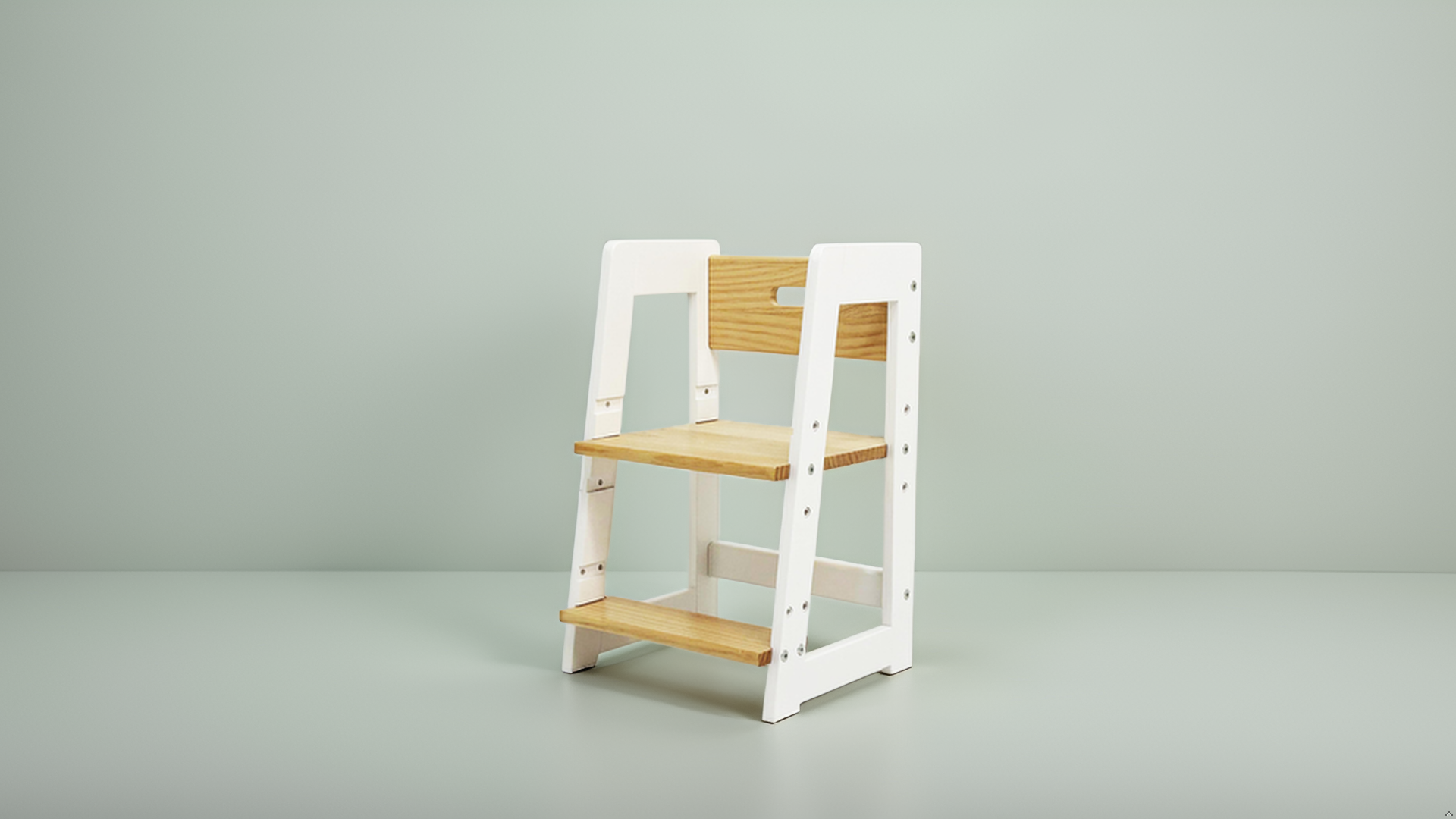 Damoch toddler step stool and weaning chair. Trapezoid anti-tip base. Non-toxic finish. Grows with child.