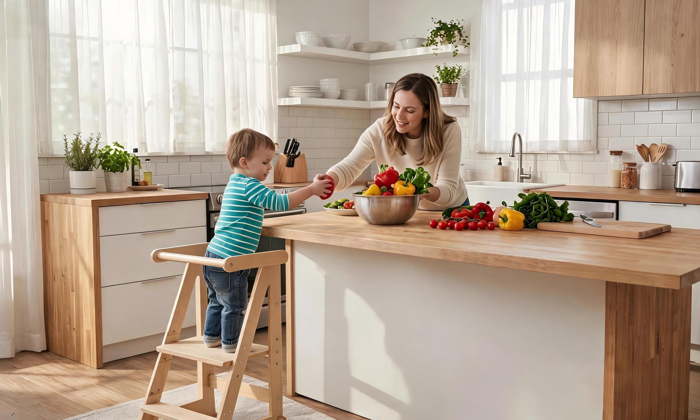 Toddler standing safely on an adjustable wooden learning tower at a kitchen counter, reaching supplies with parent nearby.