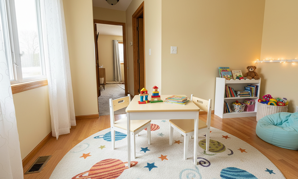 Kids can sit at a wooden table and chairs set, drawing and playing together in a bright modern home
