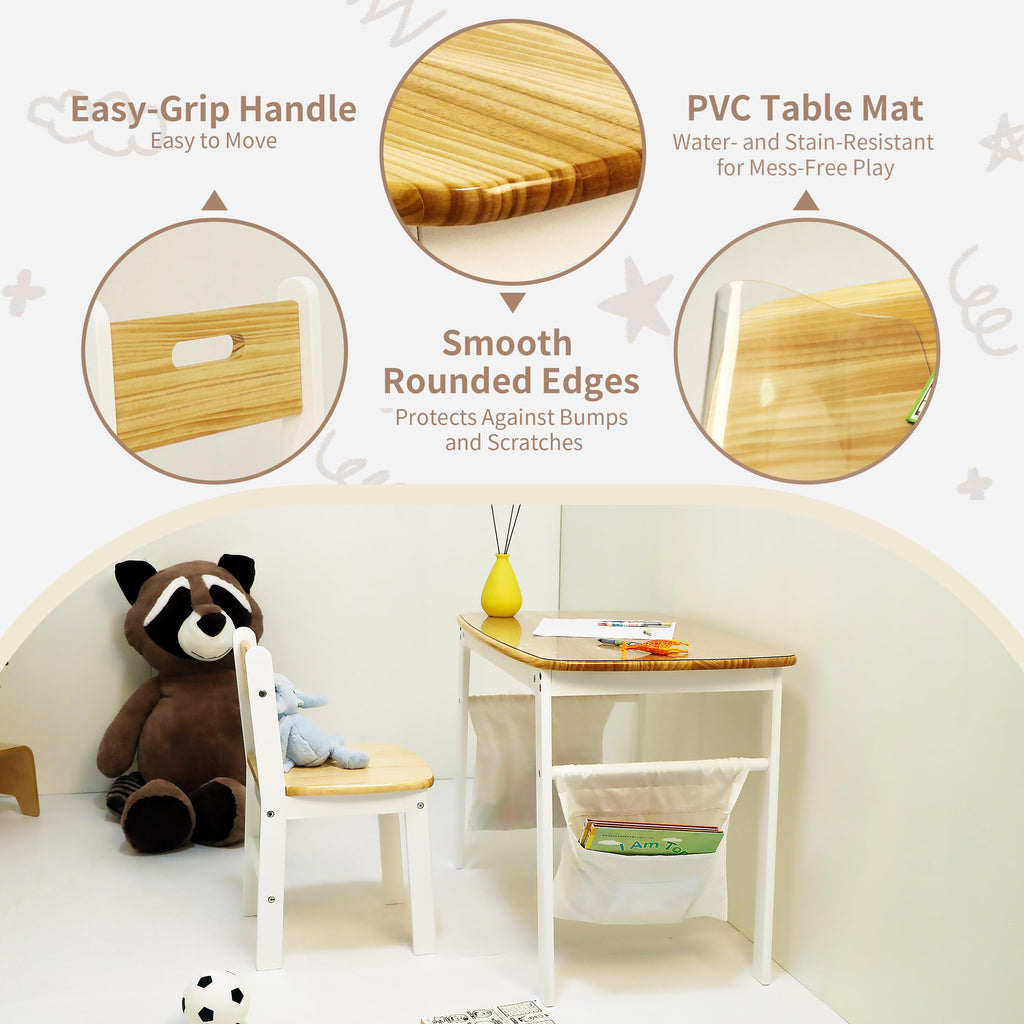 Damoch Family® My First Desk - Montessori Kids Desk & Chair Set (Ages 3-8) - Natural Wood Study Table with Ergonomic Chair, PVC Protector & Storage Bags - Learning Station for Homework, Crafts, Art - Damoch Family