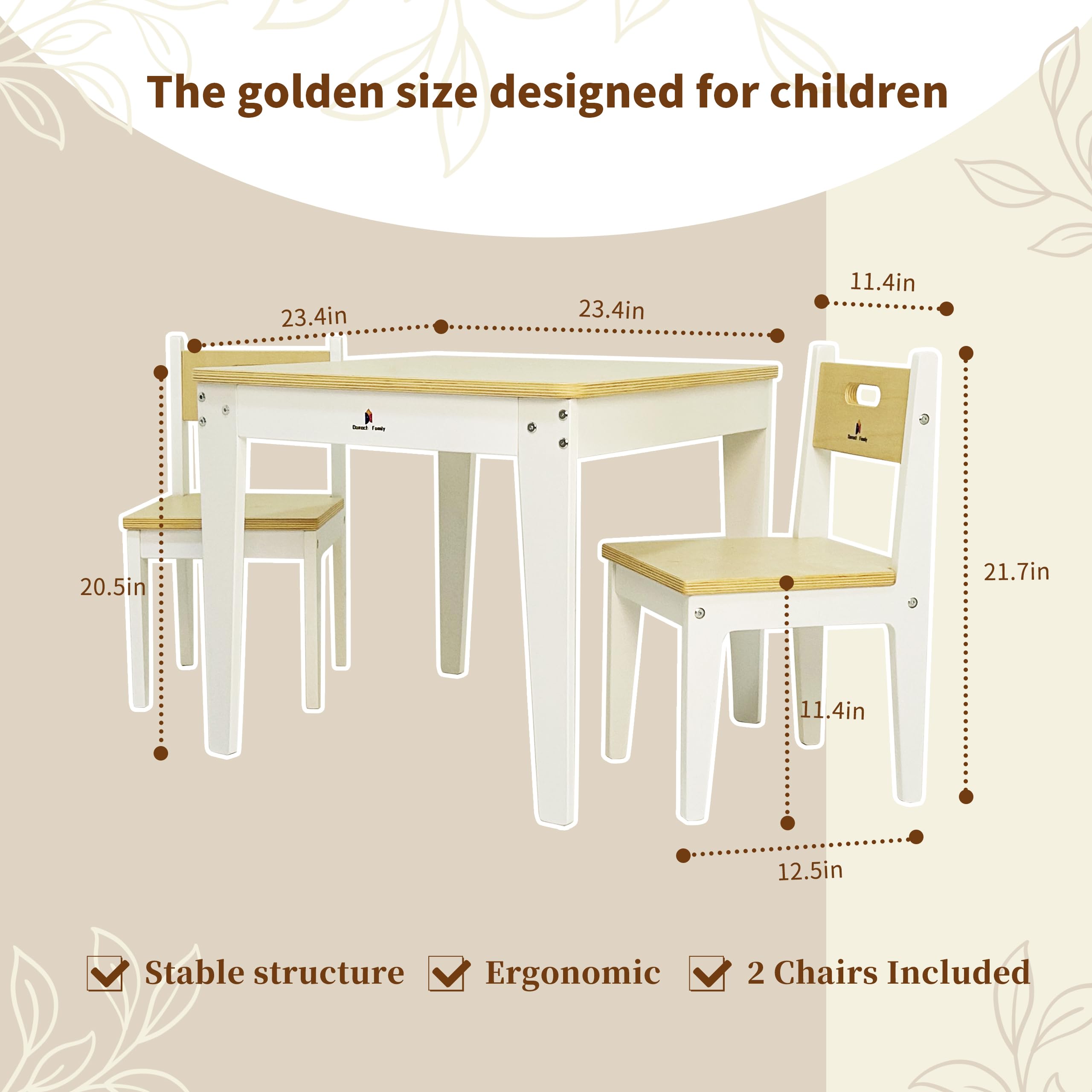 Damoch Family® Premium Kindergarten Grade Wooden Kids Table and Chairs Set - Montessori Learning Table with 2 Chairs for Toddlers, Child-Size Activity Play Station for Home and Preschool - Damoch Family