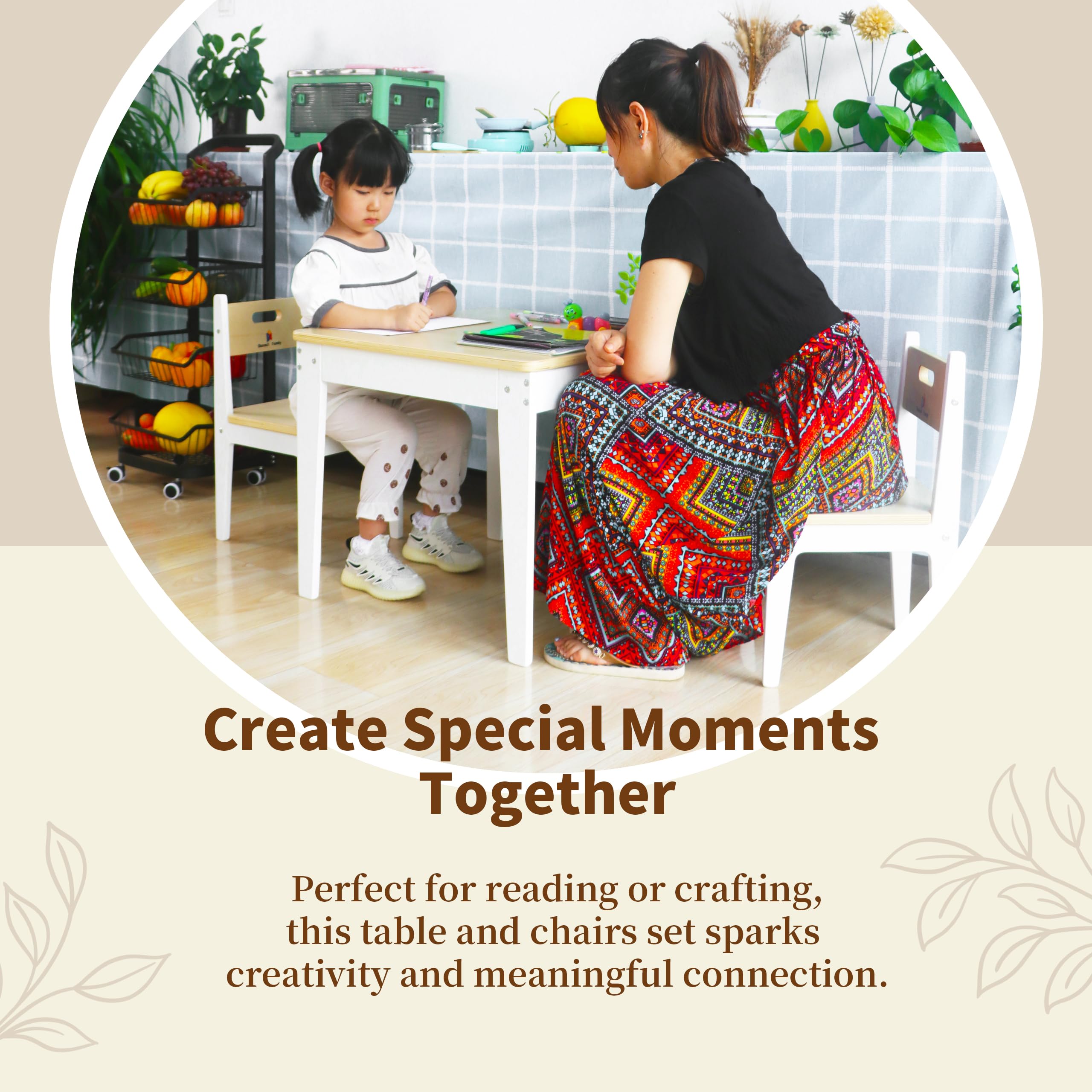 Damoch Family® Premium Kindergarten Grade Wooden Kids Table and Chairs Set - Montessori Learning Table with 2 Chairs for Toddlers, Child-Size Activity Play Station for Home and Preschool - Damoch Family