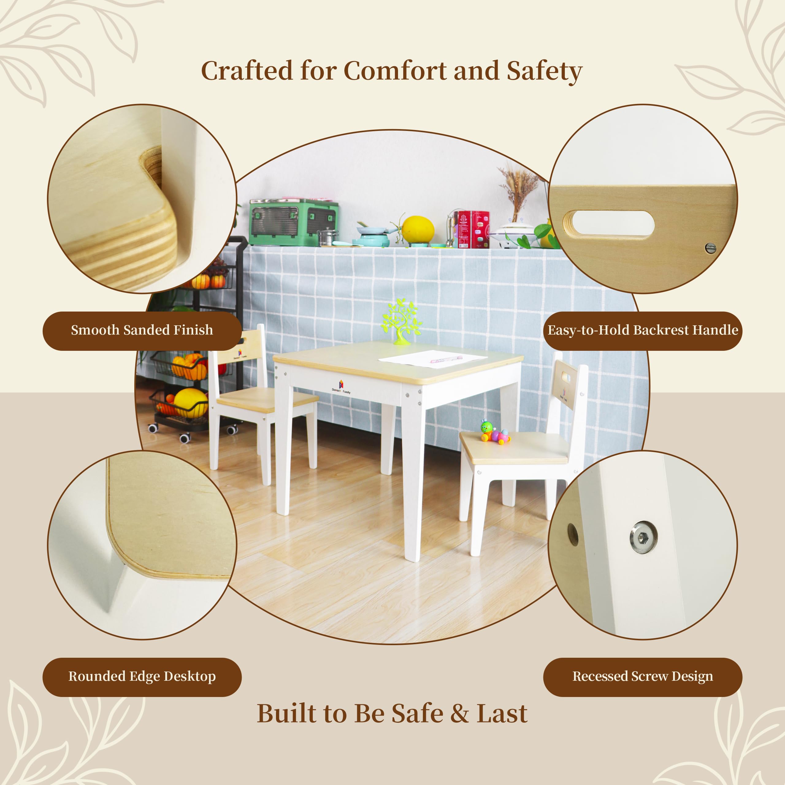 Damoch Family® Premium Kindergarten Grade Wooden Kids Table and Chairs Set - Montessori Learning Table with 2 Chairs for Toddlers, Child-Size Activity Play Station for Home and Preschool - Damoch Family