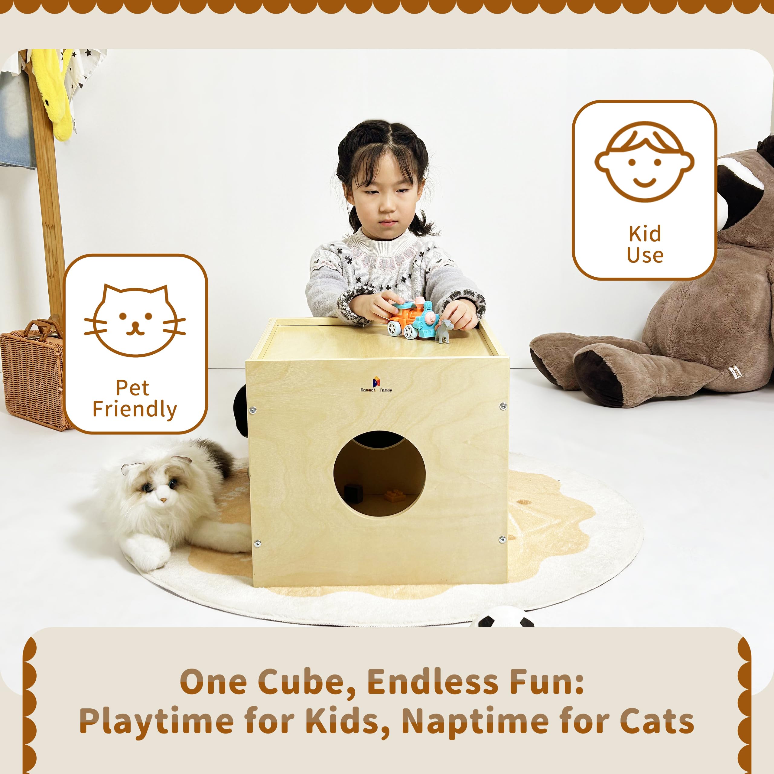 Damoch Family® Wisdom Play Cube – Montessori 5-in-1 Kids Play & Activity Table, Play Cube and Activity Center, Toy Box Storage Organizer, Building Blocks & Base Plate, Bedside Table & Cat Hideout - Damoch Family