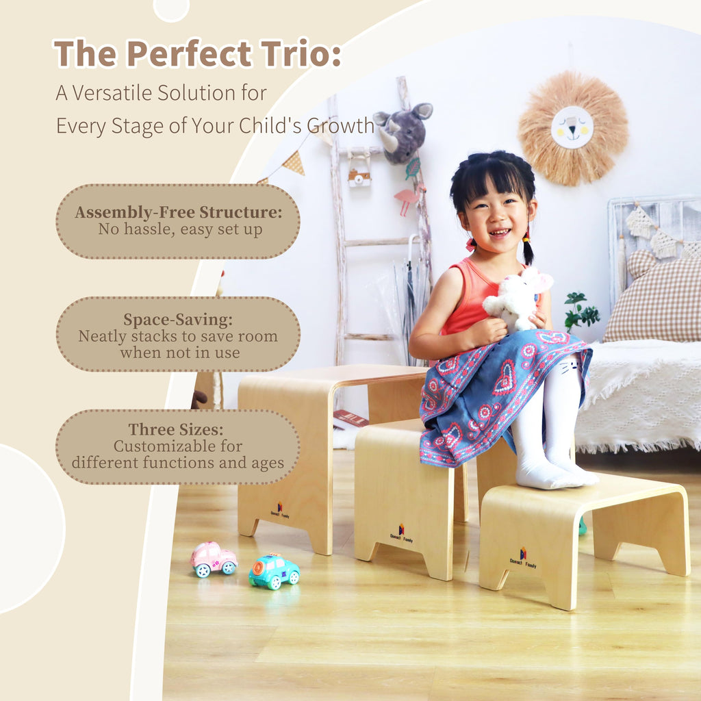 Damoch Family® Montessori 3-in-1 Kids Stool Set – Bentwood Toddler Table & Chairs, Stackable Nesting Stools for Playroom, Kitchen, bathroom, Kindergarten (S/M/L) - Eco-Friendly & Space-Saving - Damoch Family