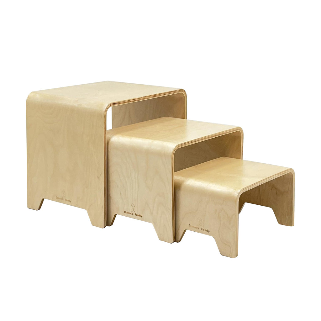 Damoch Family® Montessori 3-in-1 Kids Stool Set – Bentwood Toddler Table & Chairs, Stackable Nesting Stools for Playroom, Kitchen, bathroom, Kindergarten (S/M/L) - Eco-Friendly & Space-Saving - Damoch Family