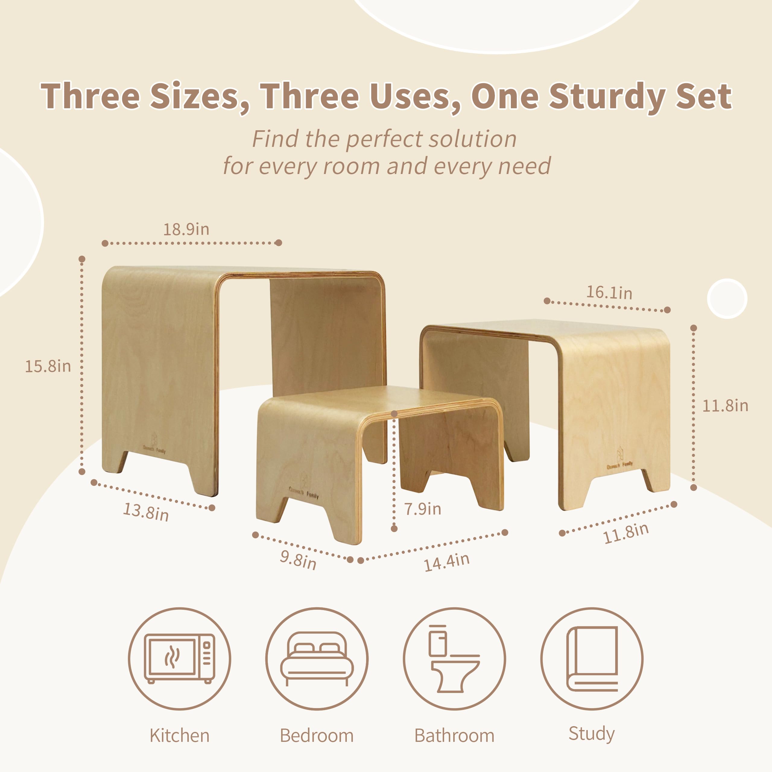 Damoch Family® Montessori 3-in-1 Kids Stool Set – Bentwood Toddler Table & Chairs, Stackable Nesting Stools for Playroom, Kitchen, bathroom, Kindergarten (S/M/L) - Eco-Friendly & Space-Saving - Damoch Family