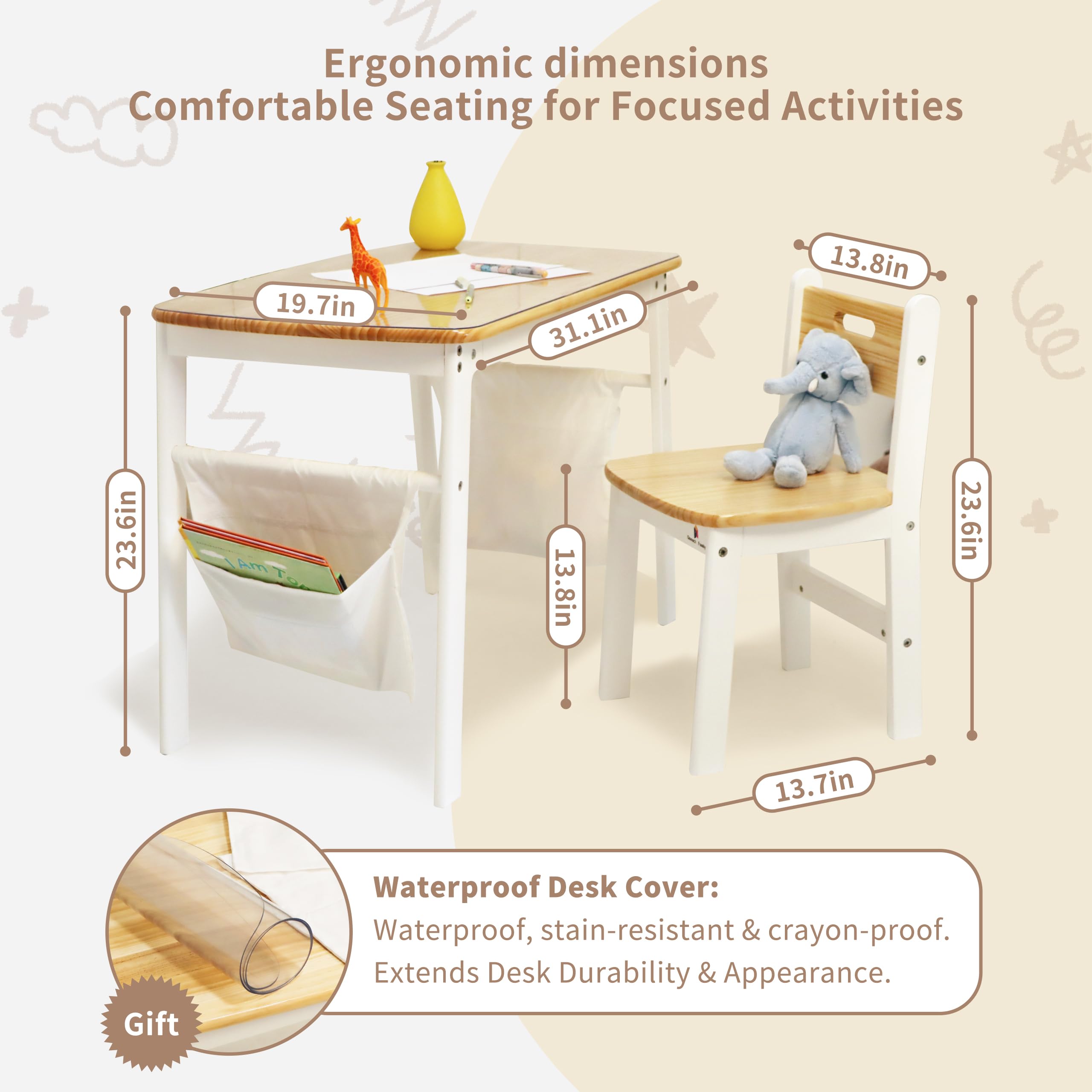 Damoch Family® My First Desk - Montessori Kids Desk & Chair Set (Ages 3-8) - Natural Wood Study Table with Ergonomic Chair, PVC Protector & Storage Bags - Learning Station for Homework, Crafts, Art - Damoch Family