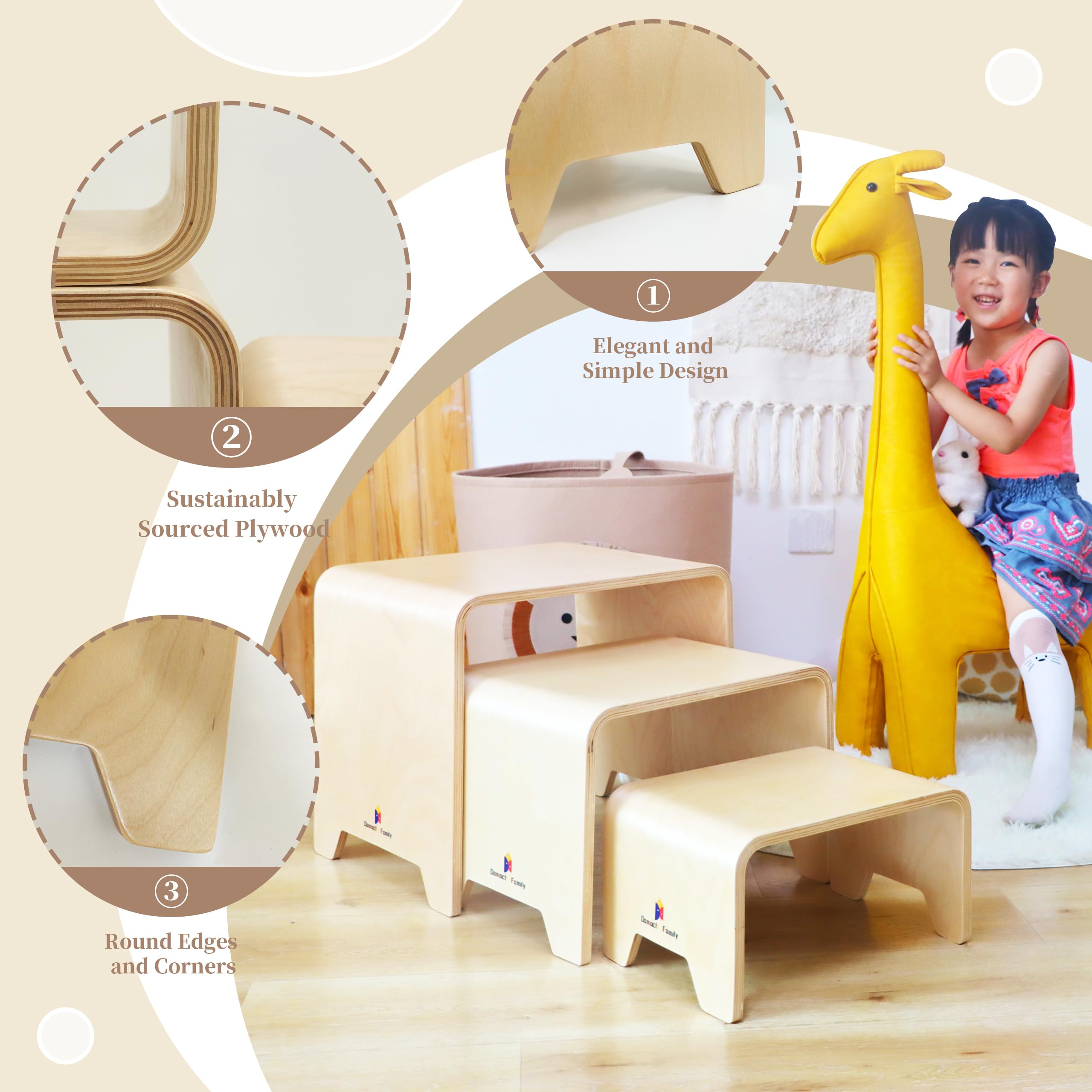 Damoch Family® Montessori 3-in-1 Kids Stool Set – Bentwood Toddler Table & Chairs, Stackable Nesting Stools for Playroom, Kitchen, bathroom, Kindergarten (S/M/L) - Eco-Friendly & Space-Saving - Damoch Family