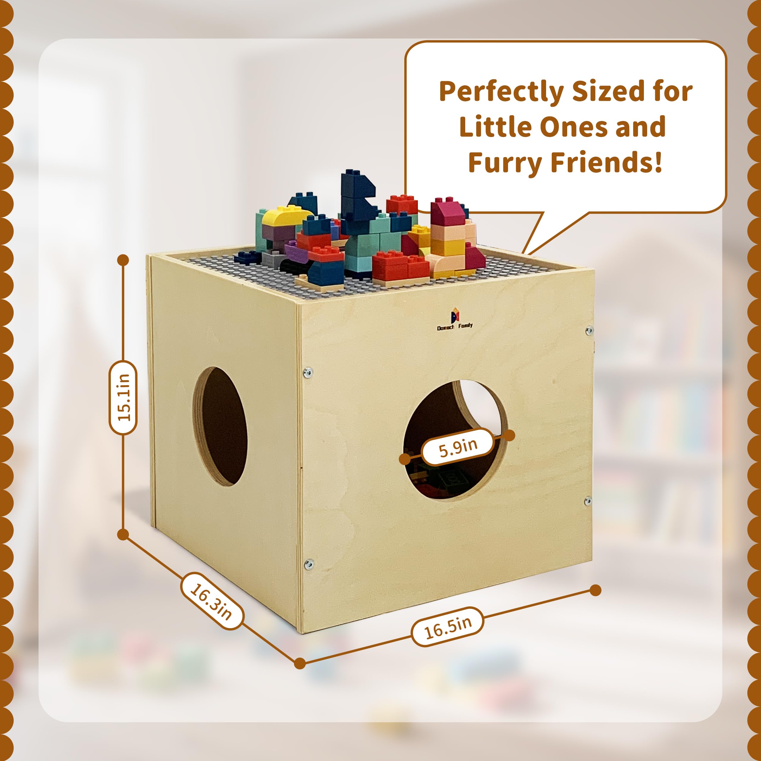 Damoch Family® Wisdom Play Cube – Montessori 5-in-1 Kids Play & Activity Table, Play Cube and Activity Center, Toy Box Storage Organizer, Building Blocks & Base Plate, Bedside Table & Cat Hideout - Damoch Family