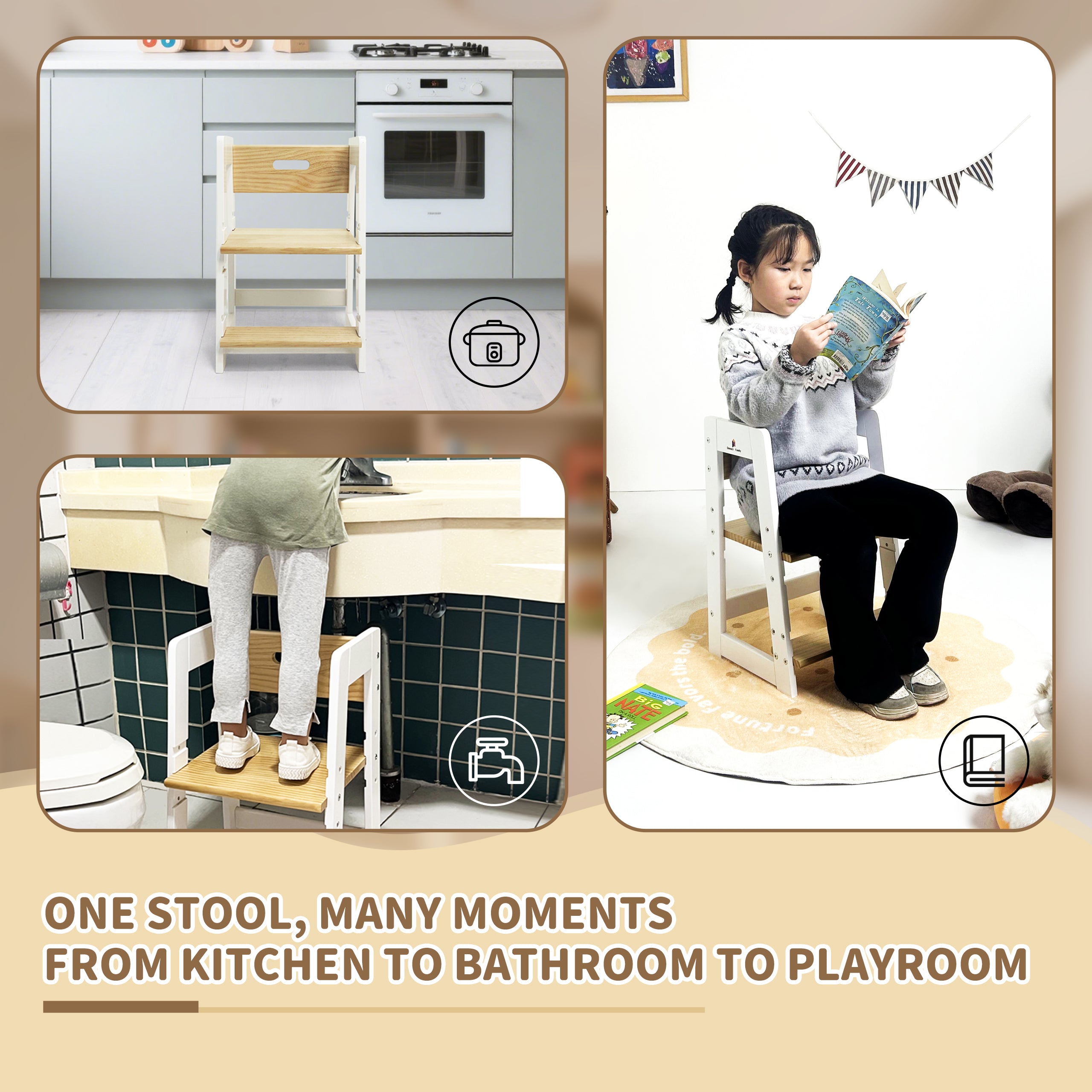 Child carrying lightweight stool to reach bathroom sink