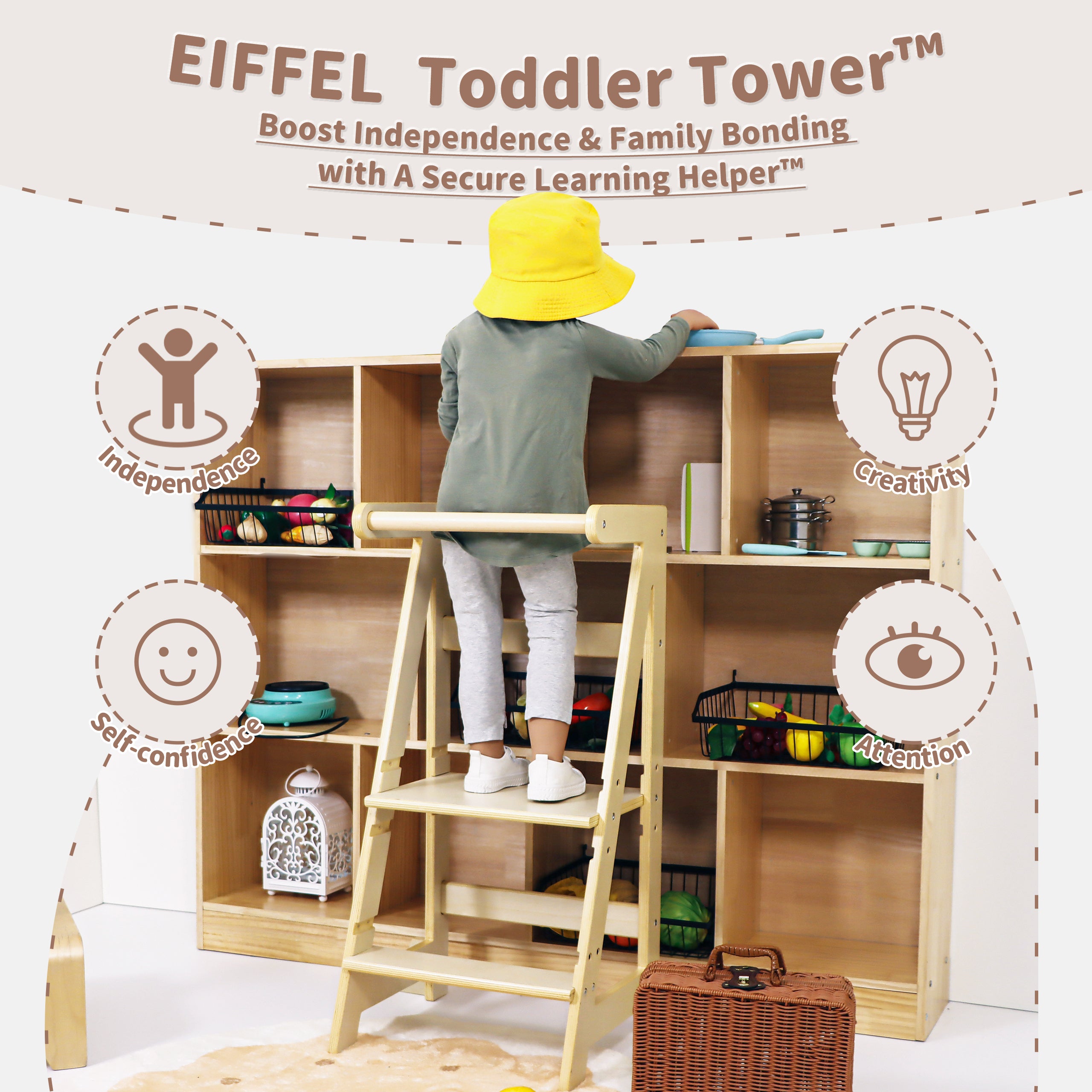 Child standing in adjustable kitchen tower reaching counter