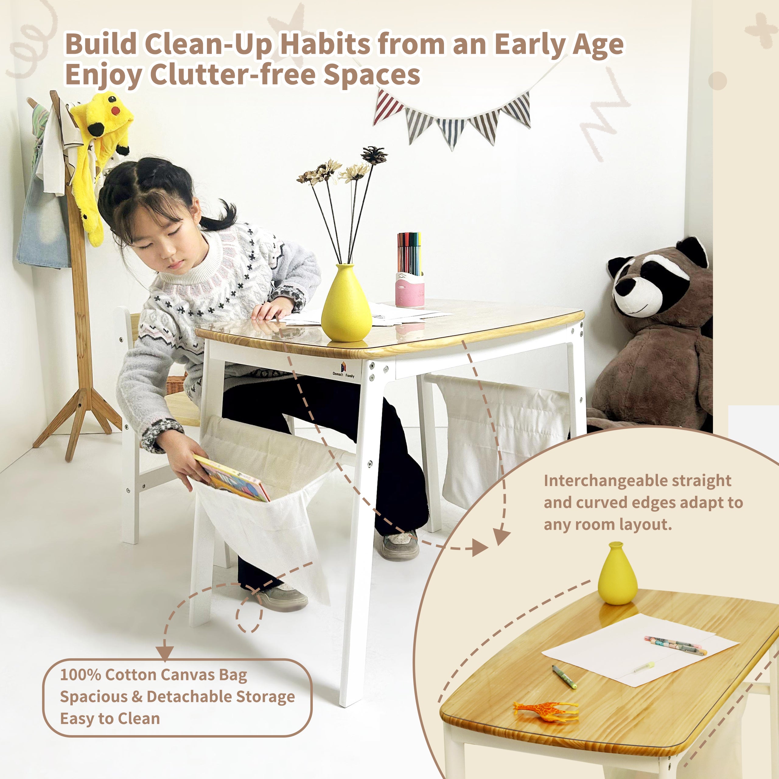 Doing crafts at kids' wooden desk with fabric pockets