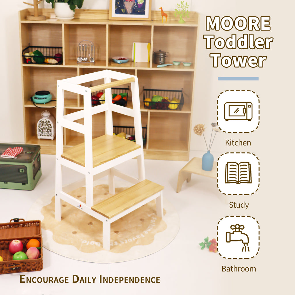 Natural New Zealand pine toddler kitchen tower with beautiful grain