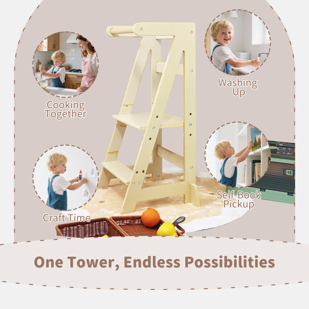 Toddler standing safely on kitchen step stool reaching counter