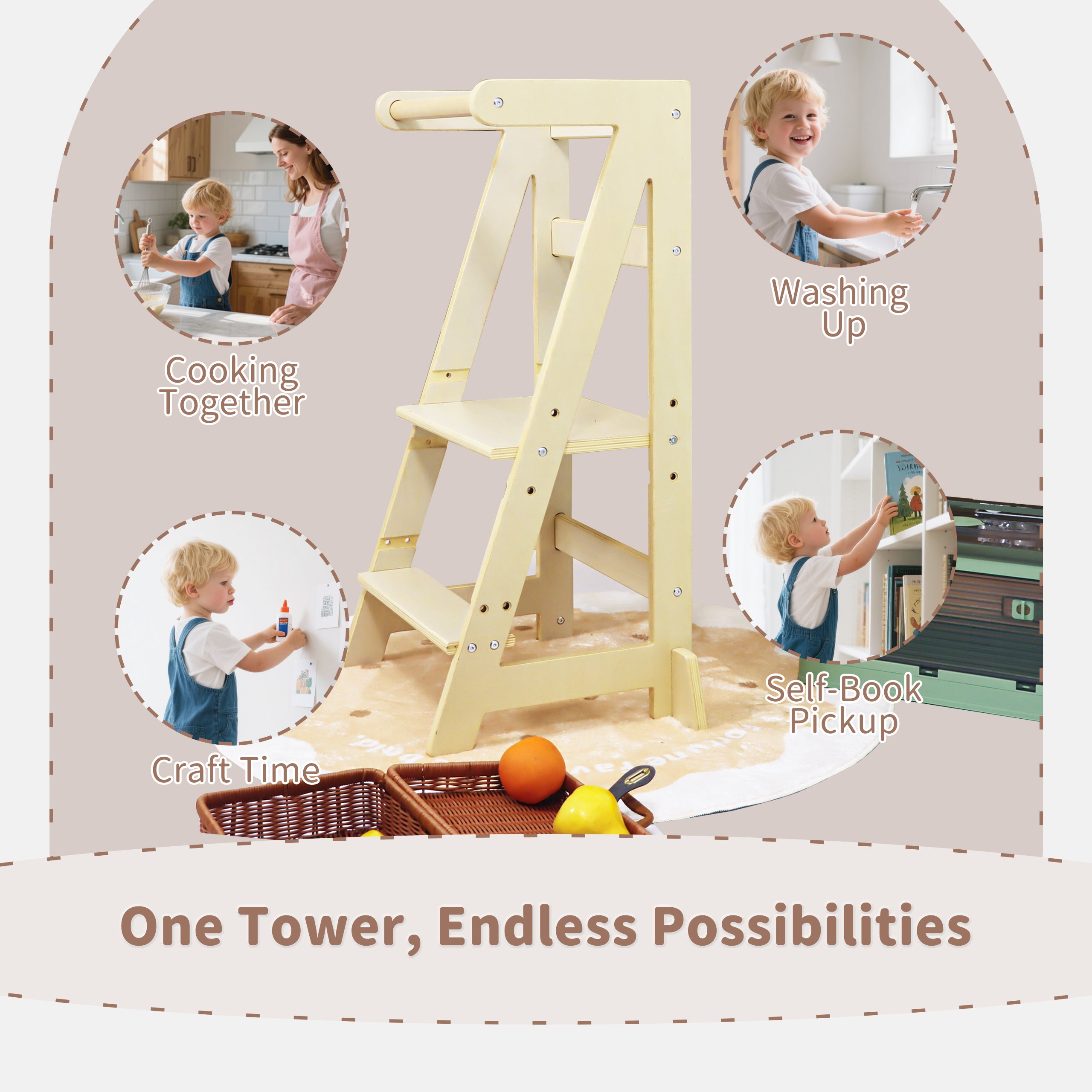 Toddler standing safely on kitchen step stool reaching counter