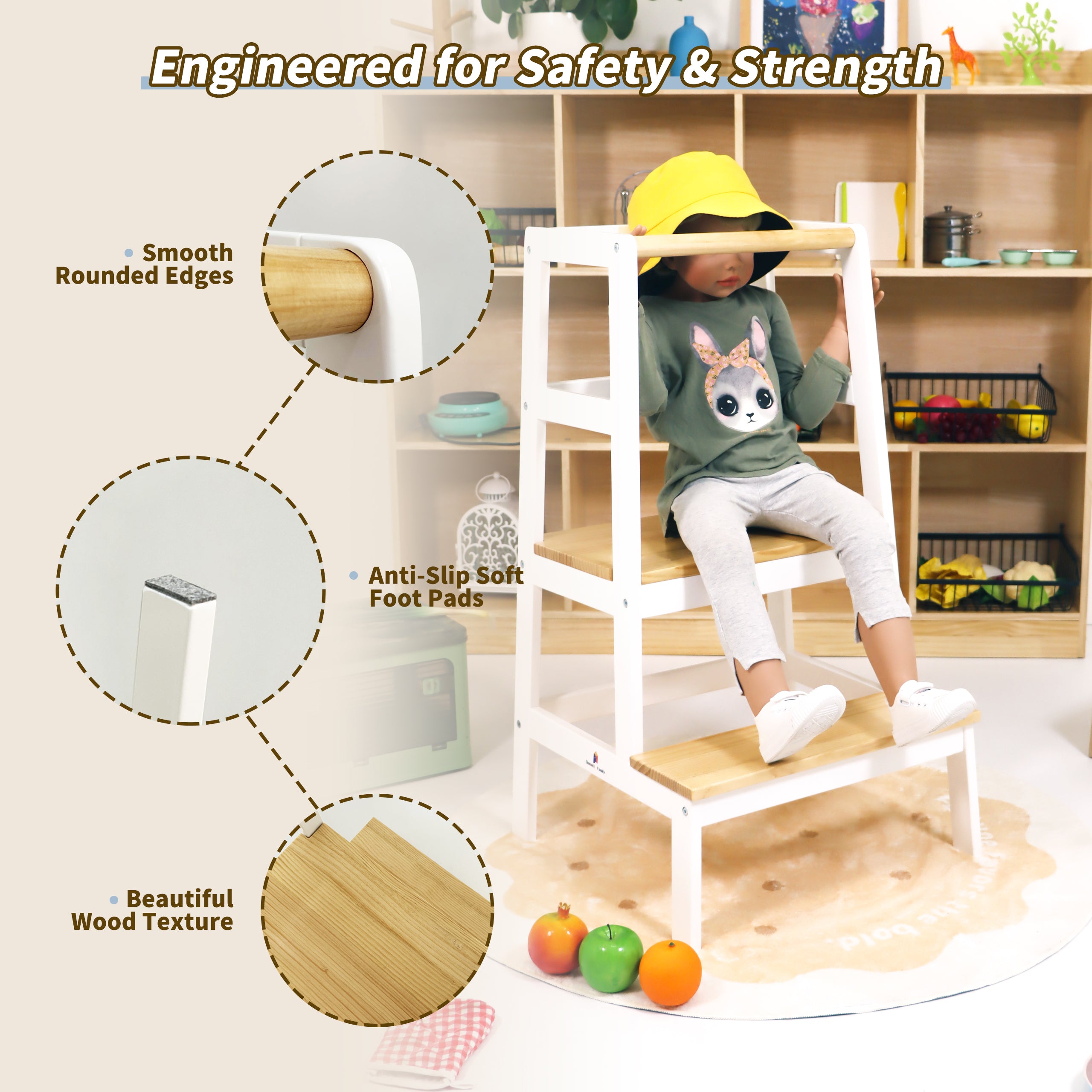 Toddler standing tower at kitchen counter helping with cooking