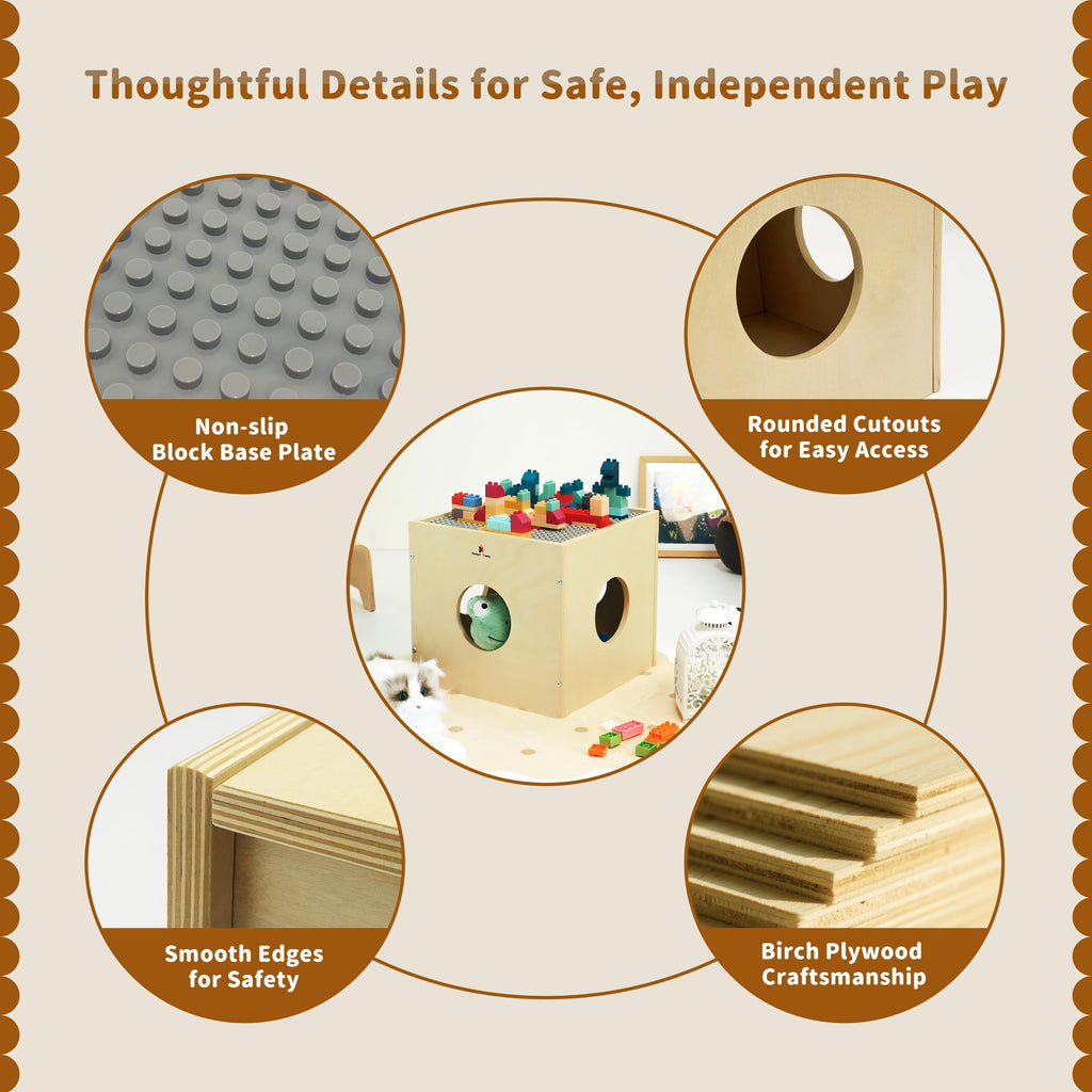 Damoch Family® Wisdom Play Cube – Montessori 5-in-1 Kids Play & Activity Table, Play Cube and Activity Center, Toy Box Storage Organizer, Building Blocks & Base Plate, Bedside Table & Cat Hideout - Damoch Family