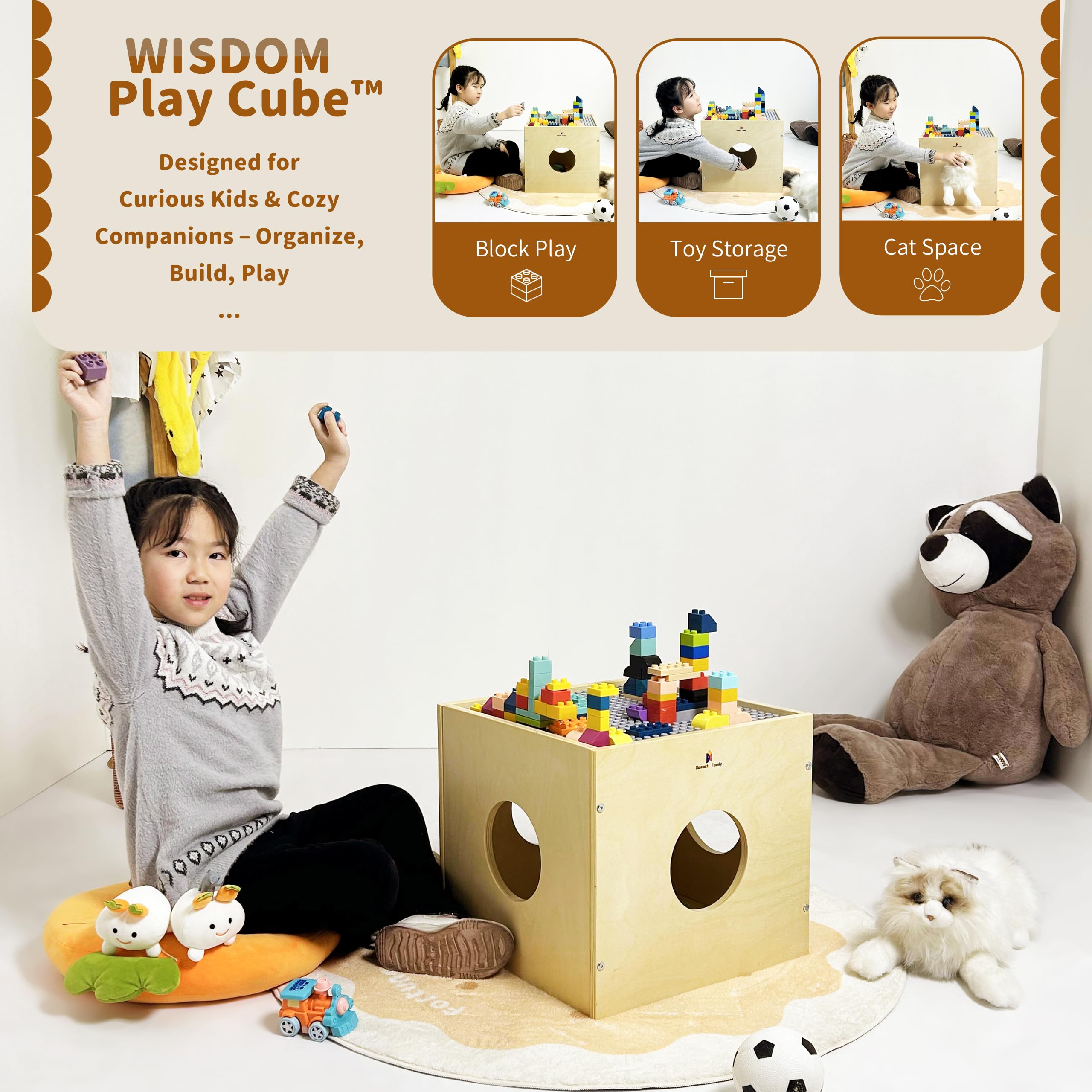 Damoch Family® Wisdom Play Cube – Montessori 5-in-1 Kids Play & Activity Table, Play Cube and Activity Center, Toy Box Storage Organizer, Building Blocks & Base Plate, Bedside Table & Cat Hideout - Damoch Family