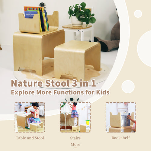 Natural wood Montessori stools with smooth curved design