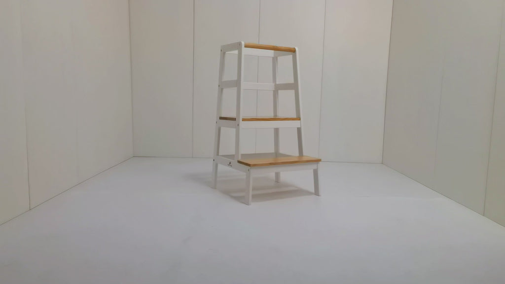 Montessori kitchen helper tower in New Zealand pine - child safely participates in cooking with stable wide-base design