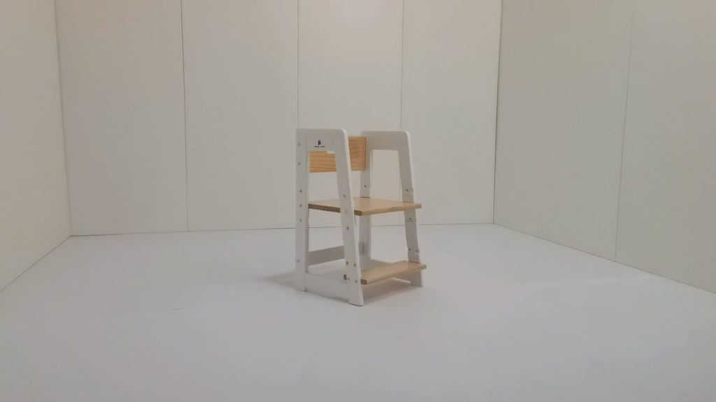 Toddler using multi-functional step stool: standing at kitchen counter, washing hands in bathroom, and nesting stools together