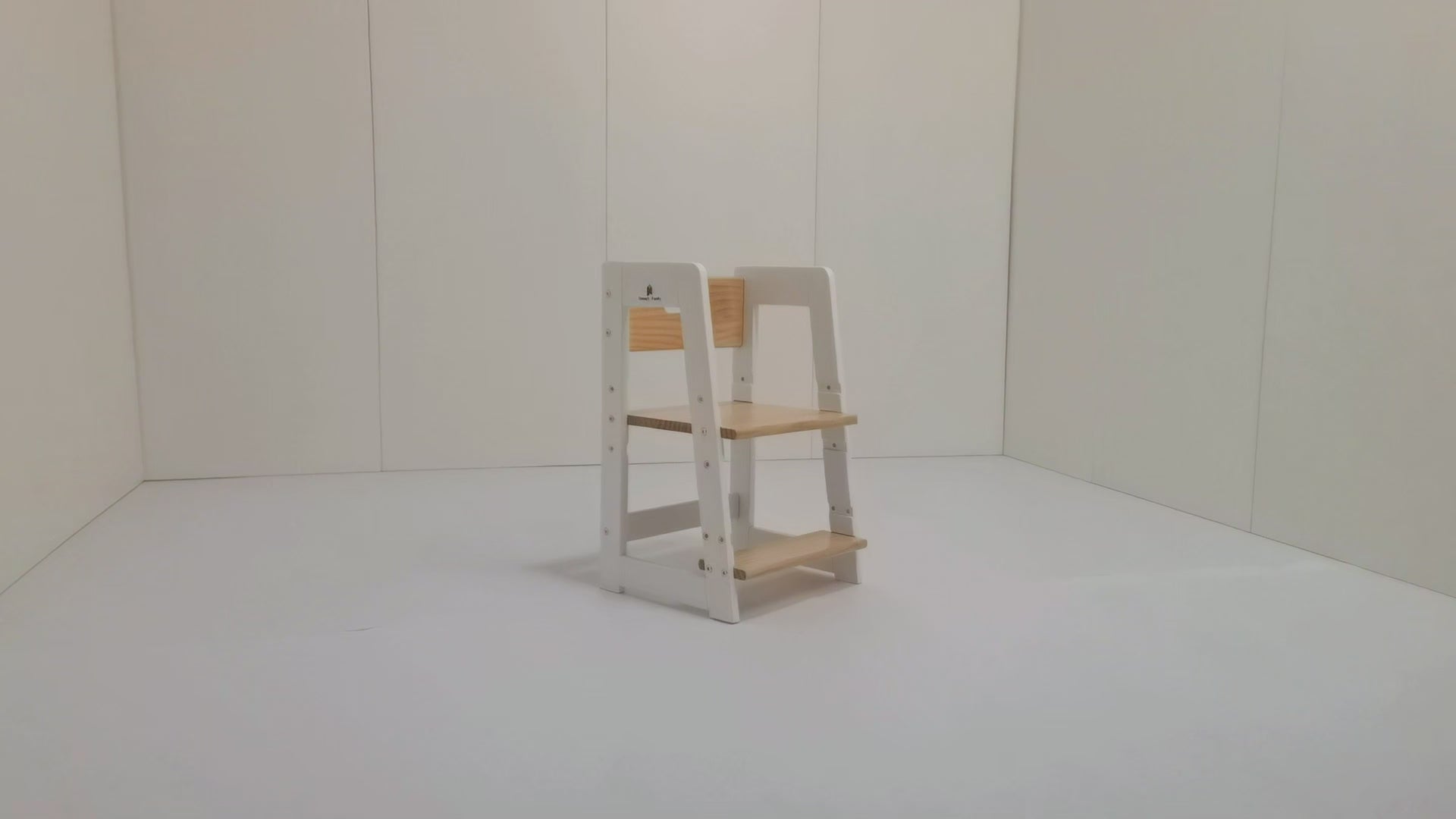 Toddler using multi-functional step stool: standing at kitchen counter, washing hands in bathroom, and nesting stools together