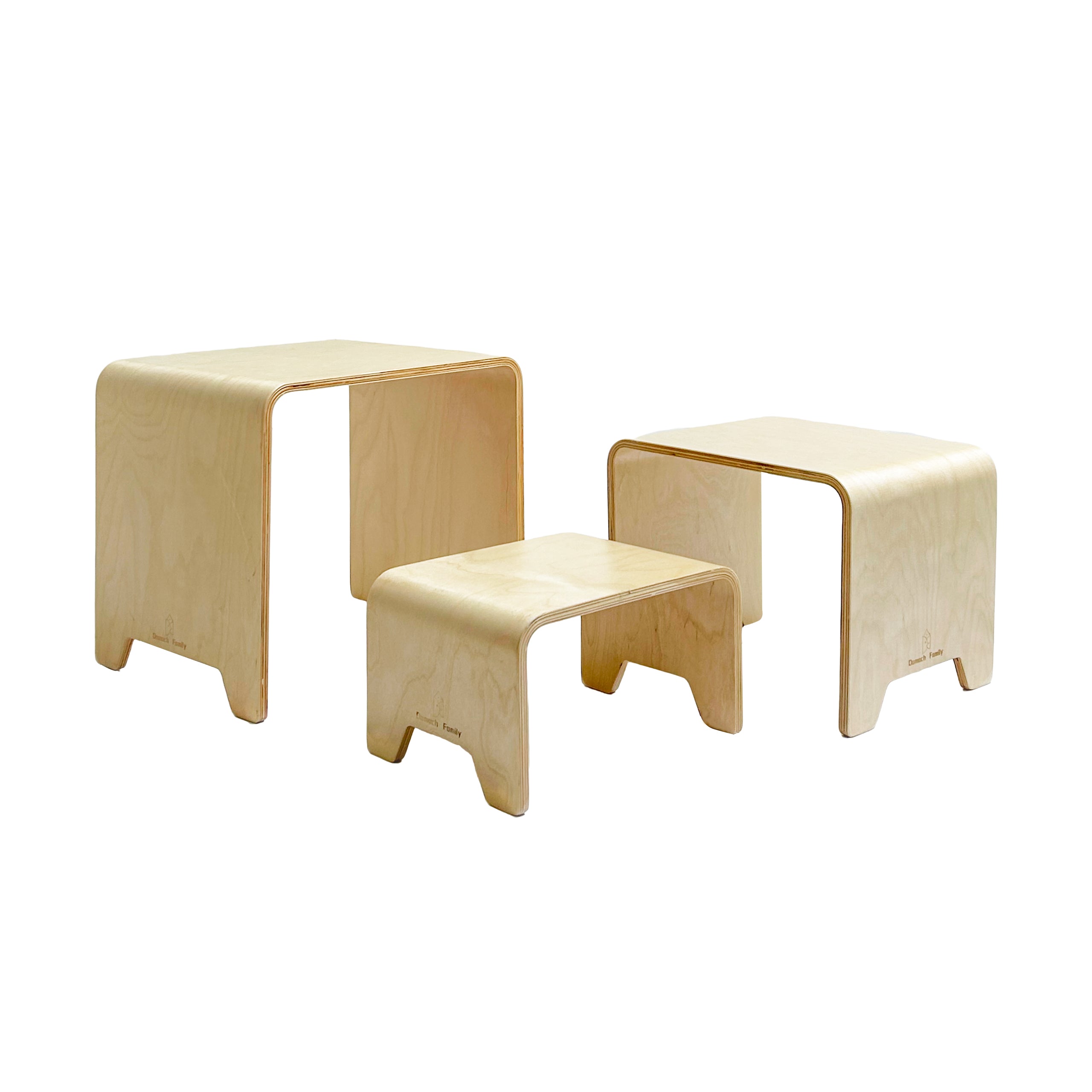 Set of 3 bentwood stools in different heights for play & learning